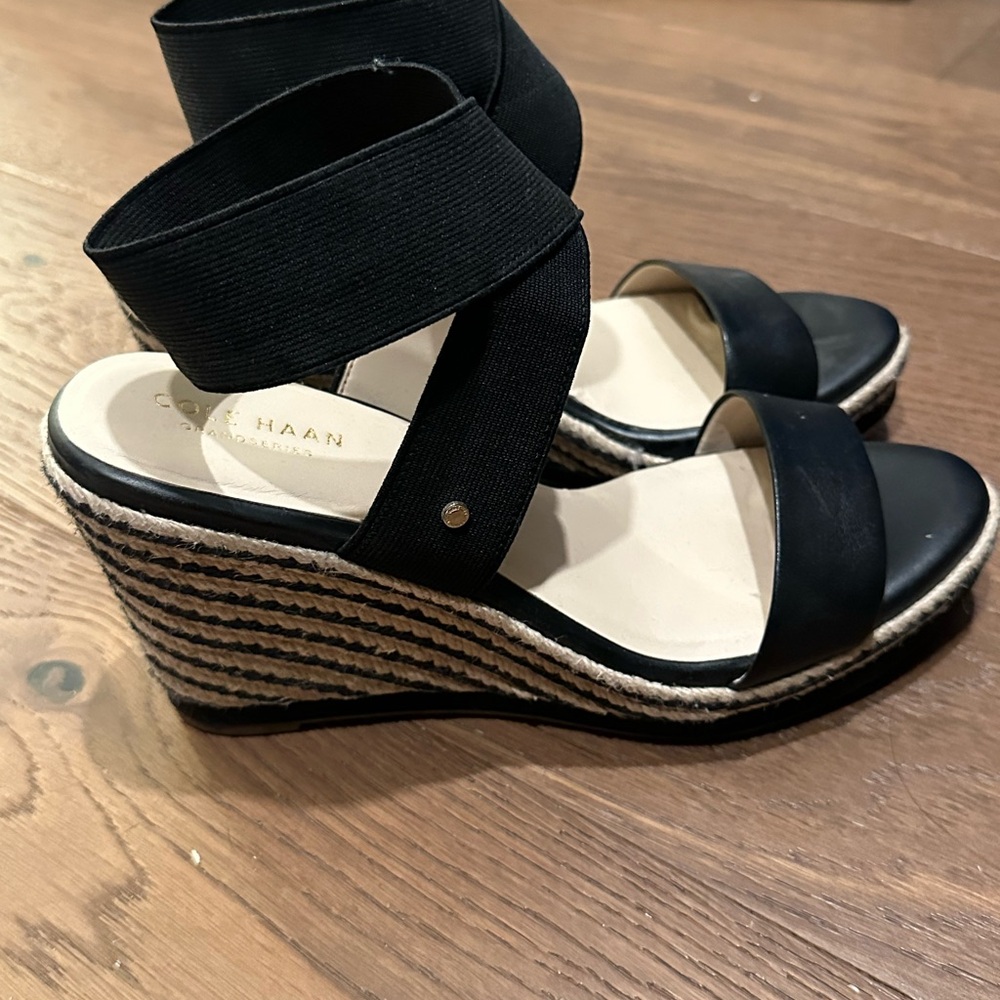 Cole Haan Black Wedge Sandals with Striped Heel